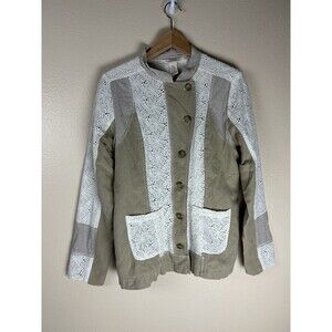 Sundance 8 Eyelet Linen Jacket Blazer Button Patchwork Quilted Boho Lace Brown